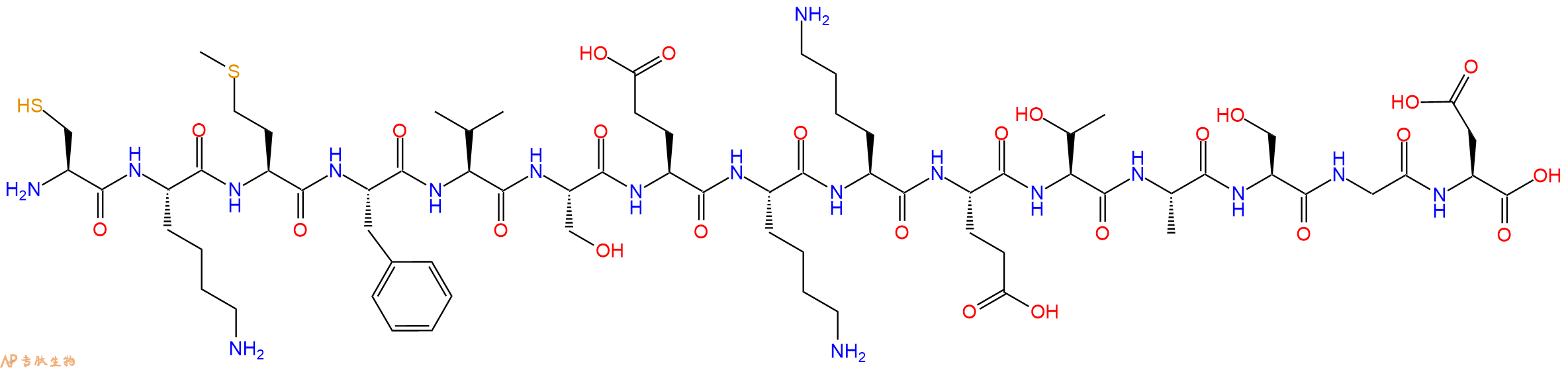 专肽生物产品H2N-Cys-Lys-Met-Phe-Val-Ser-Glu-Lys-Lys-Glu-Thr-Ala-Ser-Gly-Asp-OH