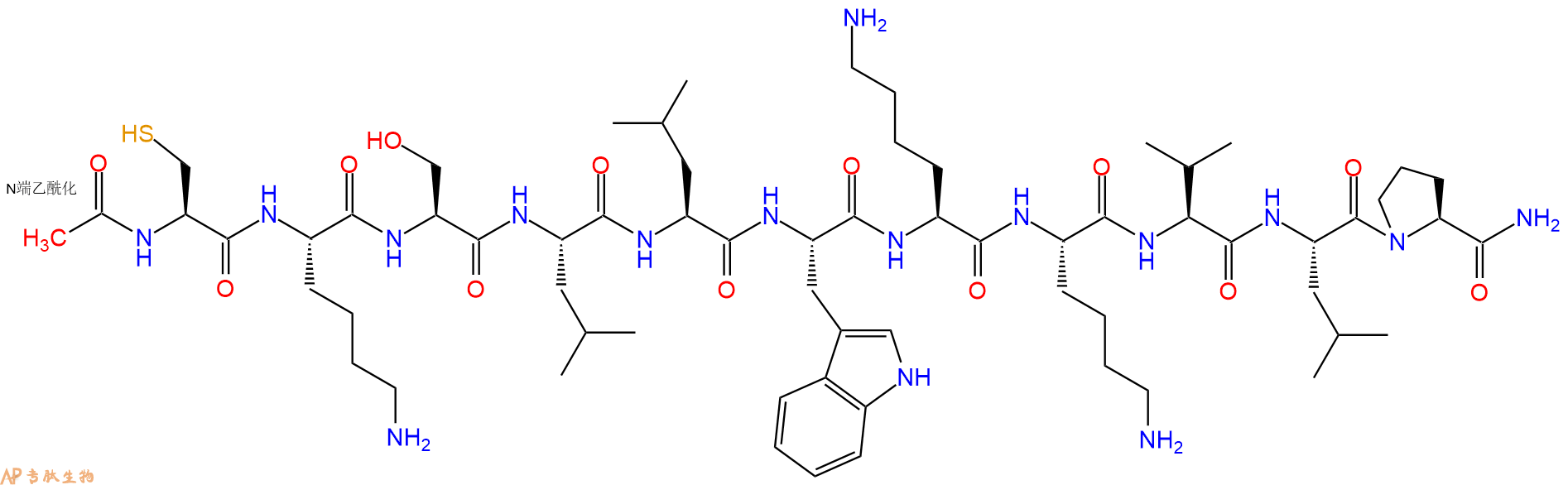 专肽生物产品Ac-Cys-Lys-Ser-Leu-Leu-Trp-Lys-Lys-Val-Leu-Pro-CONH2
