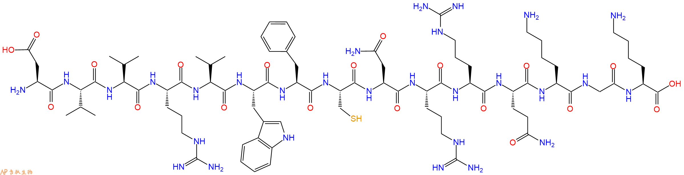 专肽生物产品H2N-Asp-Val-Val-Arg-Val-Trp-Phe-Cys-Asn-Arg-Arg-Gln-Lys-Gly-Lys-OH