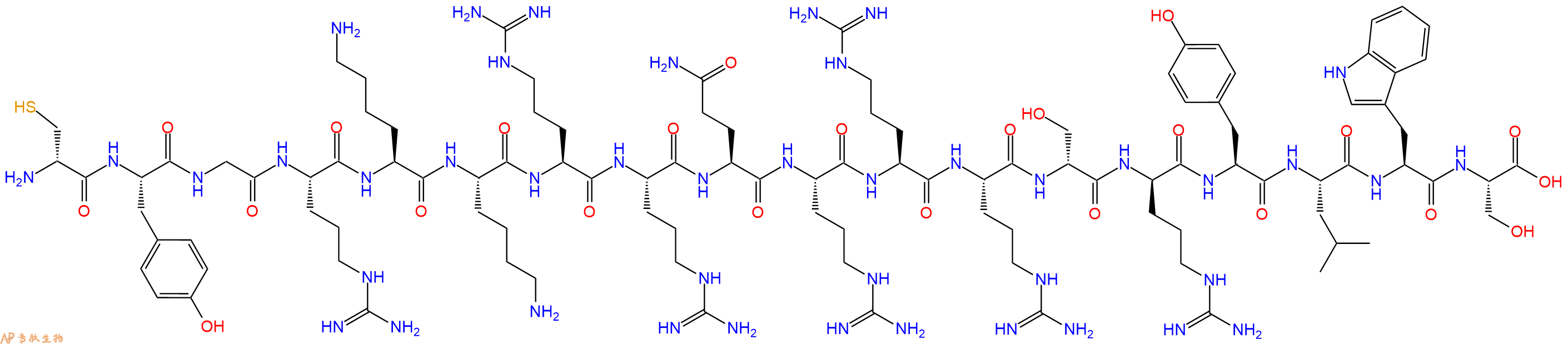 专肽生物产品H2N-DCys-Tyr-Gly-Arg-Lys-Lys-Arg-Arg-Gln-Arg-Arg-Arg-DSer-DArg-Tyr-Leu-Trp-Ser-OH