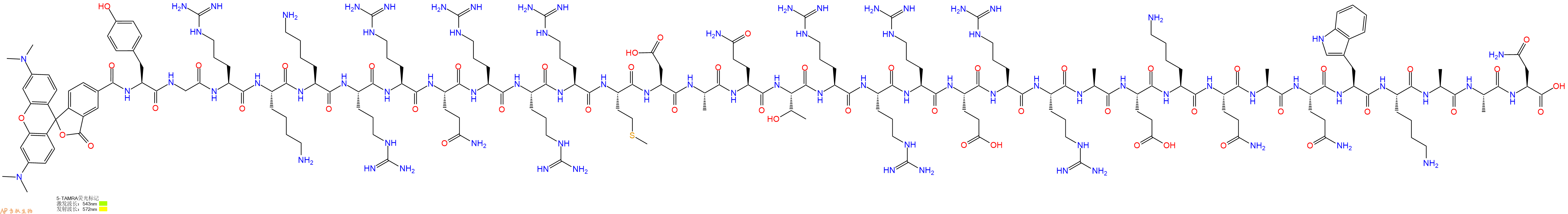 专肽生物产品5TAMRA-Tyr-Gly-Arg-Lys-Lys-Arg-Arg-Gln-Arg-Arg-Arg-Met-Asp-Ala-Gln-Thr-Arg-Arg-Arg-Glu-Arg-Arg-Ala-Glu-Lys-Gln-Ala-Gln-Trp-Lys-Ala-Ala-Asn-OH