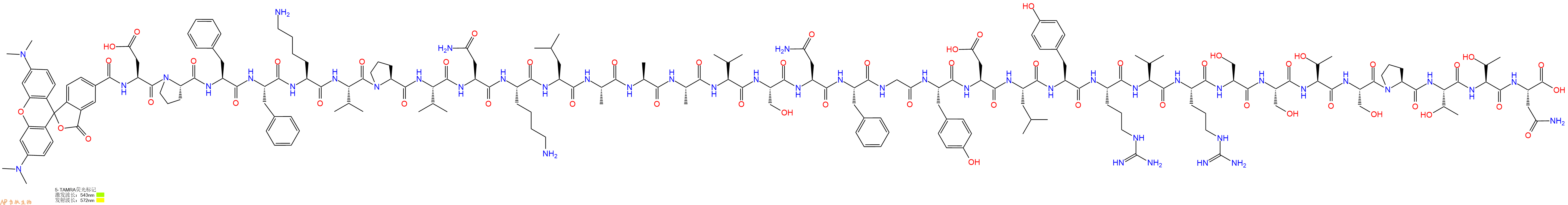 专肽生物产品5TAMRA-Asp-Pro-Phe-Phe-Lys-Val-Pro-Val-Asn-Lys-Leu-Ala-Ala-Ala-Val-Ser-Asn-Phe-Gly-Tyr-Asp-Leu-Tyr-Arg-Val-Arg-Ser-Ser-Thr-Ser-Pro-Thr-Thr-Asn-OH