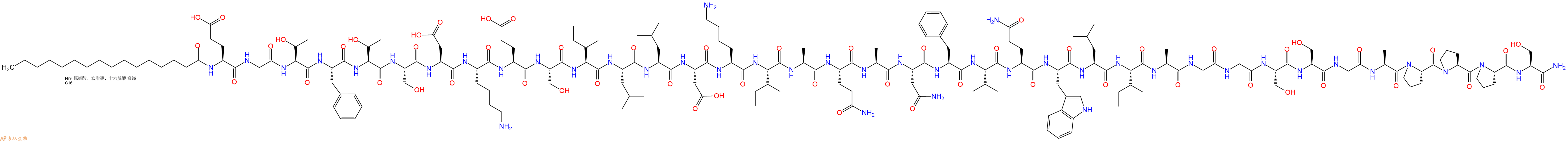 专肽生物产品Palmiticacid-Glu-Gly-Thr-Phe-Thr-Ser-Asp-Lys-Glu-Ser-Ile-Leu-Leu-Asp-Lys-Ile-Ala-Gln-Ala-Asn-Phe-Val-Gln-Trp-Leu-Ile-Ala-Gly-Gly-Ser-Ser-Gly-Ala-Pro-Pro-Pro-Ser-CONH2