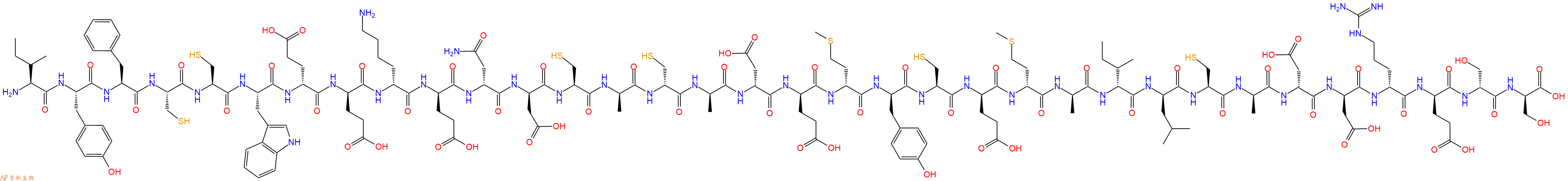 专肽生物产品H2N-Ile-Tyr-Phe-Cys-Cys-Trp-DGlu-DGlu-DLys-DGlu-DAsn-DAsp-Cys-DAla-DCys-DAla-DAsp-DGlu-DMet-DTyr-Cys-DGlu-DMet-DAla-DIle-DLeu-Cys-DAla-DAsp-DAsp-DArg-DGlu-DSer-DSer-OH