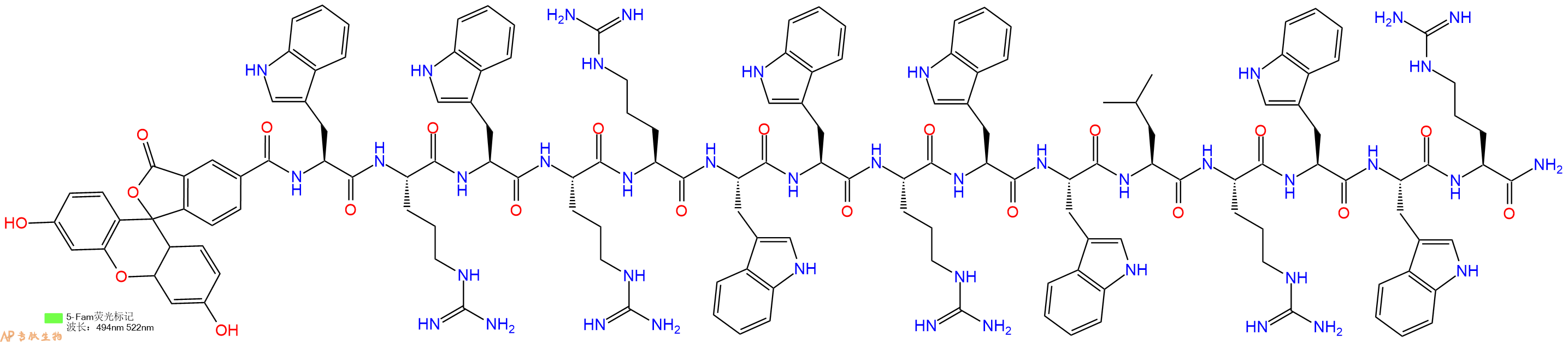 专肽生物产品5FAM-Trp-Arg-Trp-Arg-Arg-Trp-Trp-Arg-Trp-Trp-Leu-Arg-Trp-Trp-Arg-CONH2