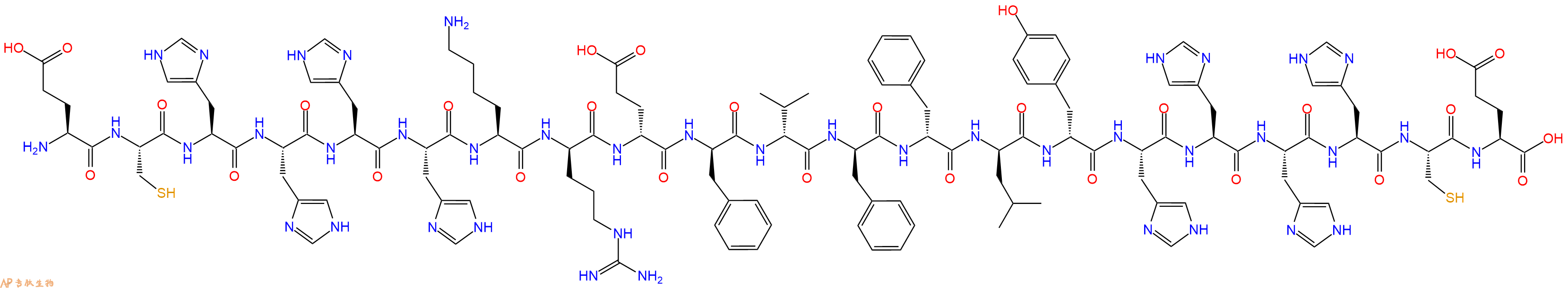 专肽生物产品H2N-Glu-Cys-His-His-His-His-Lys-DArg-DGlu-DPhe-DVal-DPhe-DPhe-DLeu-DTyr-His-His-His-His-Cys-Glu-OH