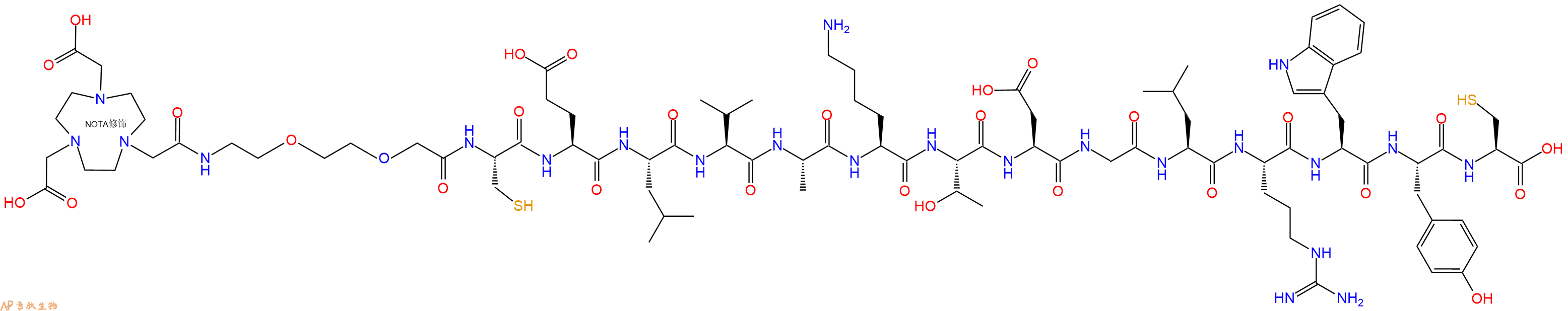 专肽生物产品NOTA-PEG2-Cys-Glu-Leu-Val-Ala-Lys-Thr-Asp-Gly-Leu-Arg-Trp-Tyr-Cys