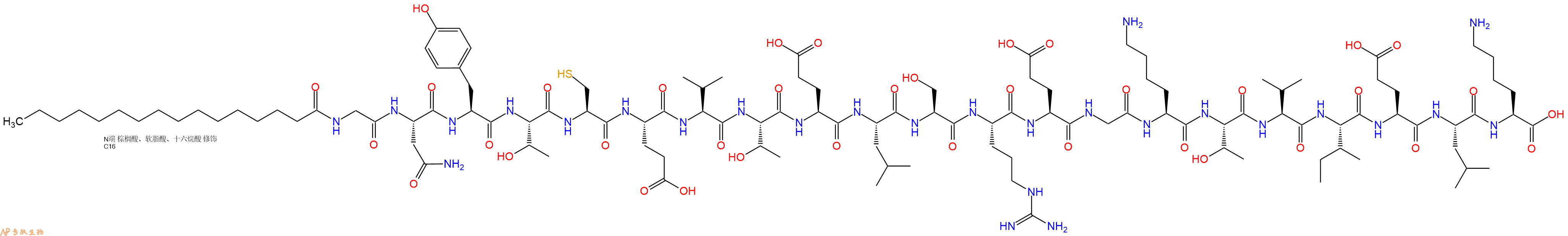 专肽生物产品Palmitoyl-Gly-Asn-Tyr-Thr-Cys-Glu-Val-Thr-Glu-Leu-Ser-Arg-Glu-Gly-Lys-Thr-Val-Ile-Glu-Leu-Lys-OH