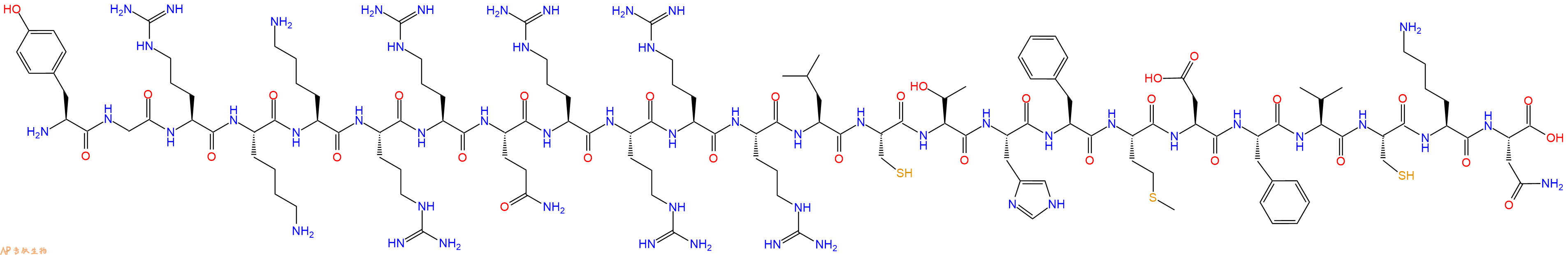 专肽生物产品H2N-Tyr-Gly-Arg-Lys-Lys-Arg-Arg-Gln-Arg-Arg-Arg-Arg-Leu-Cys-Thr-His-Phe-Met-Asp-Phe-Val-Cys-Lys-Asn-OH