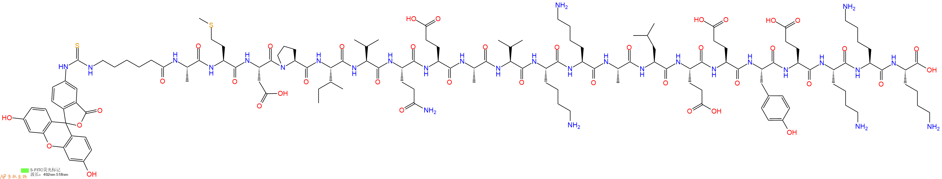 专肽生物产品5FITC-Ahx-Ala-Met-Asp-Pro-Ile-Val-Gln-Glu-Ala-Val-Lys-Lys-Ala-Leu-Glu-Glu-Tyr-Glu-Lys-Lys-Lys-OH