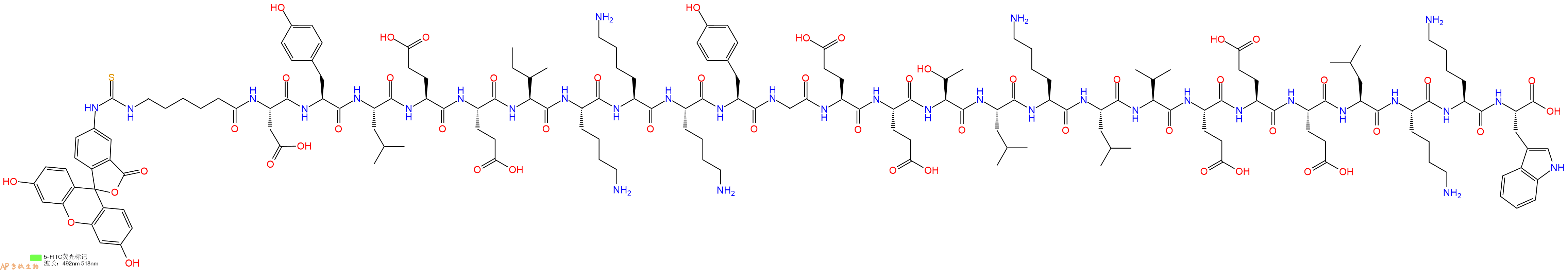 专肽生物产品5FITC-Ahx-Asp-Tyr-Leu-Glu-Glu-Ile-Lys-Lys-Lys-Tyr-Gly-Glu-Glu-Thr-Leu-Lys-Leu-Val-Glu-Glu-Glu-Leu-Lys-Lys-Trp-OH