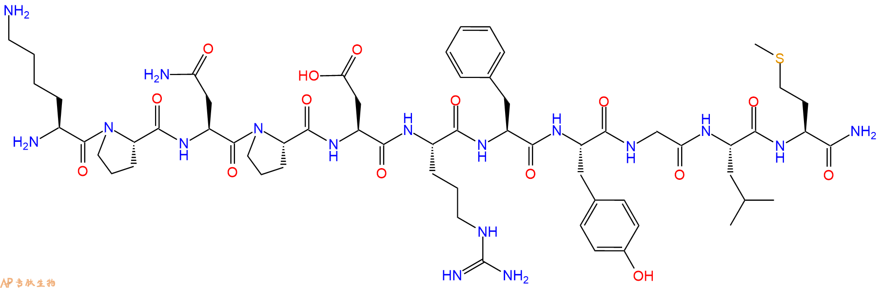 专肽生物产品H2N-Lys-Pro-Asn-Pro-Asp-Arg-Phe-Tyr-Gly-Leu-Met-CONH2