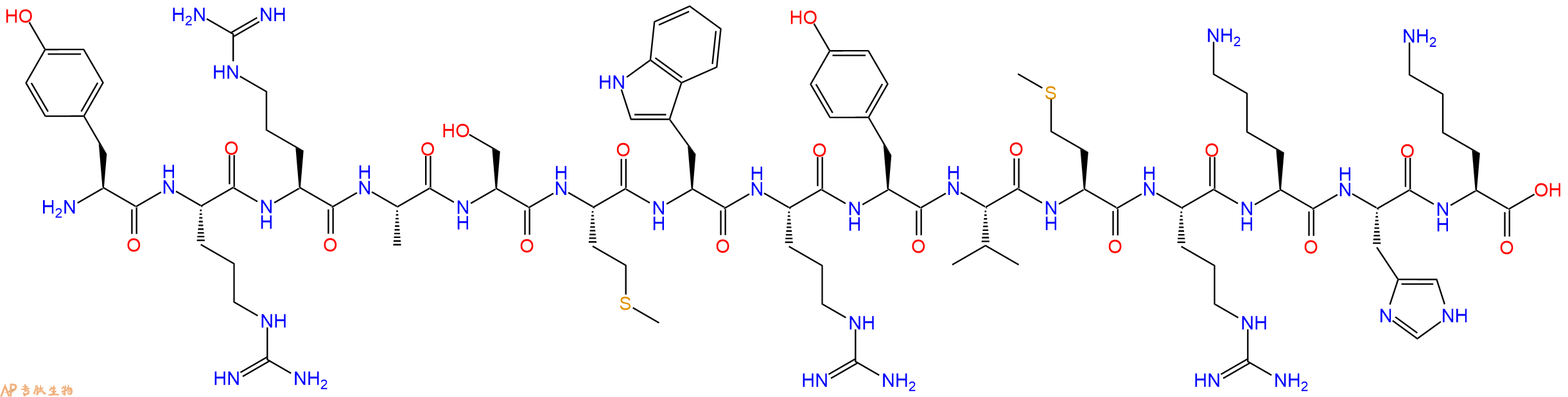 专肽生物产品H2N-Tyr-Arg-Arg-Ala-Ser-Met-Trp-Arg-Tyr-Val-Met-Arg-Lys-His-Lys-OH