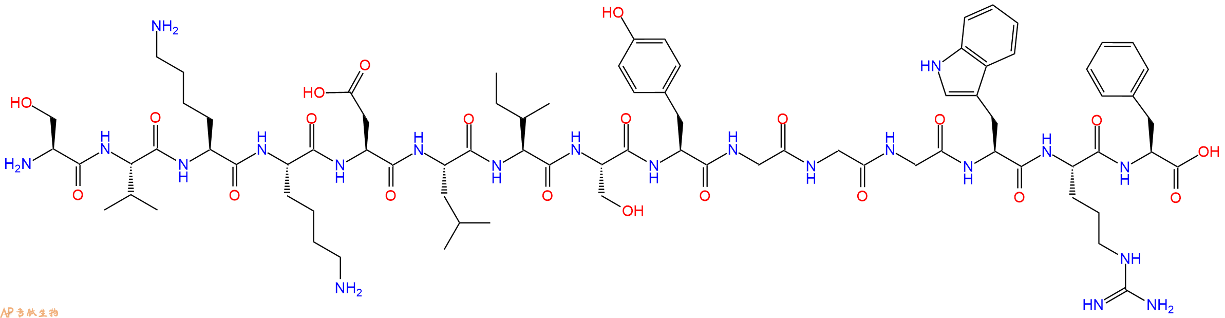 专肽生物产品H2N-Ser-Val-Lys-Lys-Asp-Leu-Ile-Ser-Tyr-Gly-Gly-Gly-Trp-Arg-Phe-OH