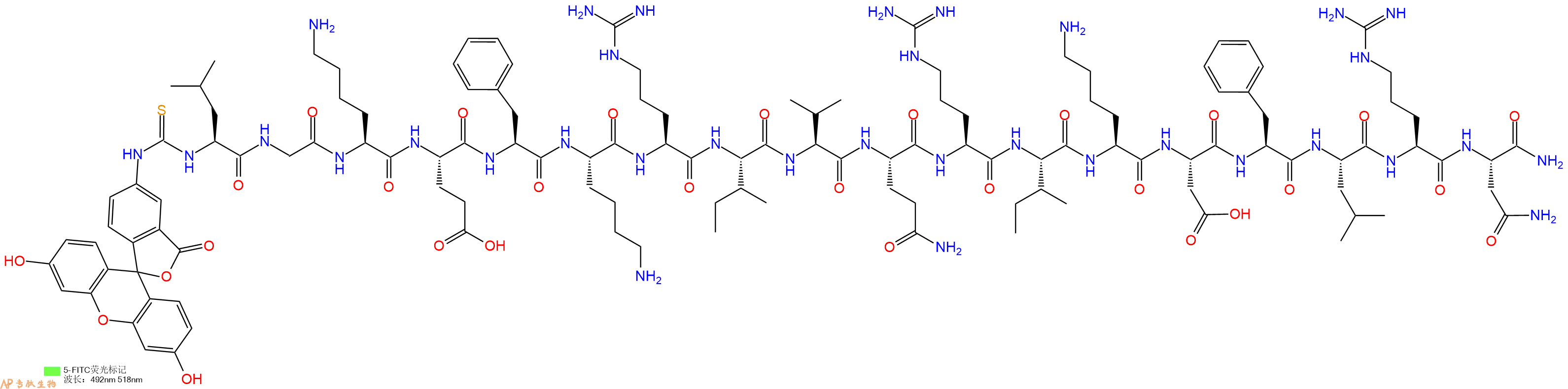 专肽生物产品5FITC-Leu-Gly-Lys-Glu-Phe-Lys-Arg-Ile-Val-Gln-Arg-Ile-Lys-Asp-Phe-Leu-Arg-Asn-CONH2