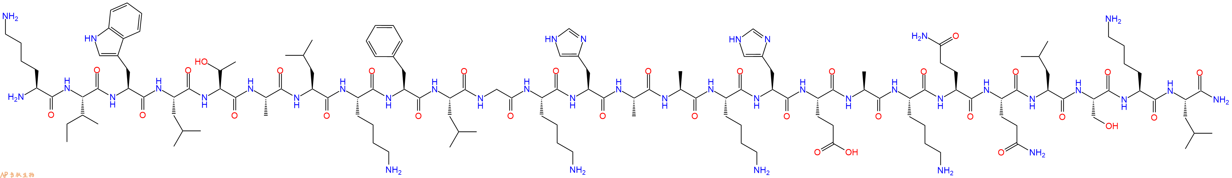 专肽生物产品H2N-Lys-Ile-Trp-Leu-Thr-Ala-Leu-Lys-Phe-Leu-Gly-Lys-His-Ala-Ala-Lys-His-Glu-Ala-Lys-Gln-Gln-Leu-Ser-Lys-Leu-CONH2