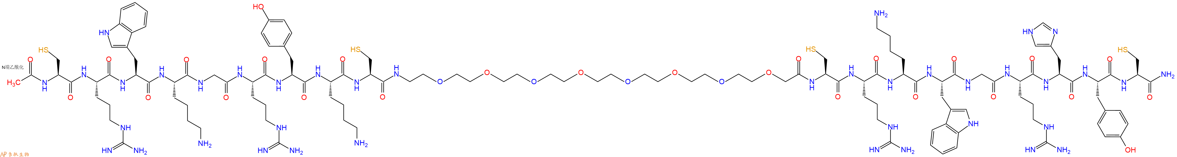 专肽生物产品Ac-Cys-Arg-Trp-Lys-Gly-Arg-Tyr-Lys-Cys-PEG8-Cys-Arg-Lys-Trp-Gly-Arg-His-Tyr-Cys-CONH2