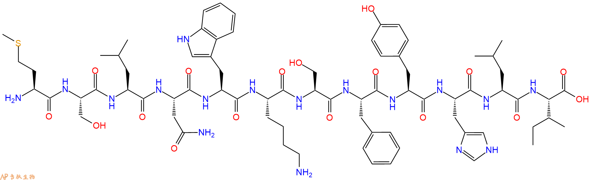 专肽生物产品H2N-Met-Ser-Leu-Asn-Trp-Lys-Ser-Phe-Tyr-His-Leu-Ile-OH