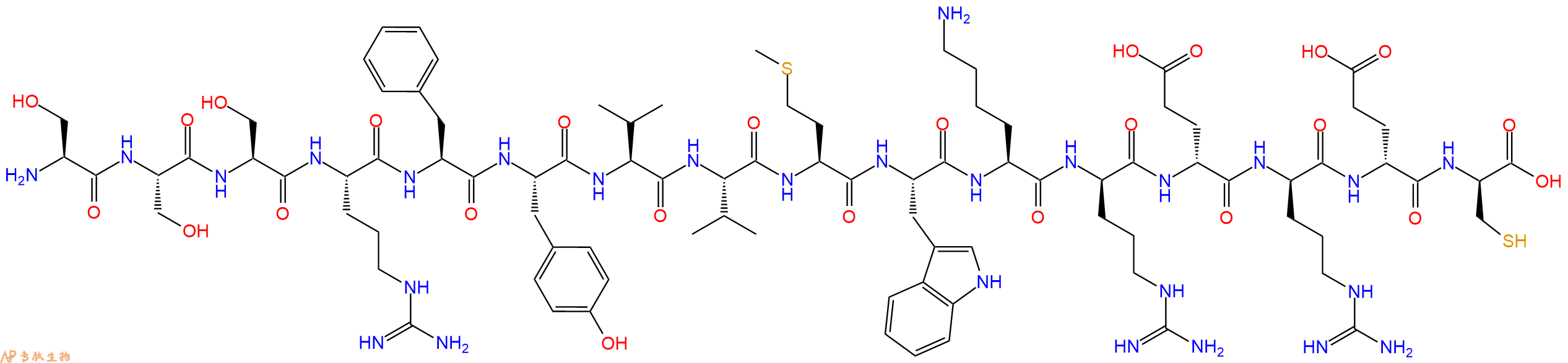 专肽生物产品H2N-Ser-Ser-Ser-Arg-Phe-Tyr-Val-Val-Met-Trp-Lys-DArg-DGlu-DArg-DGlu-DCys-OH