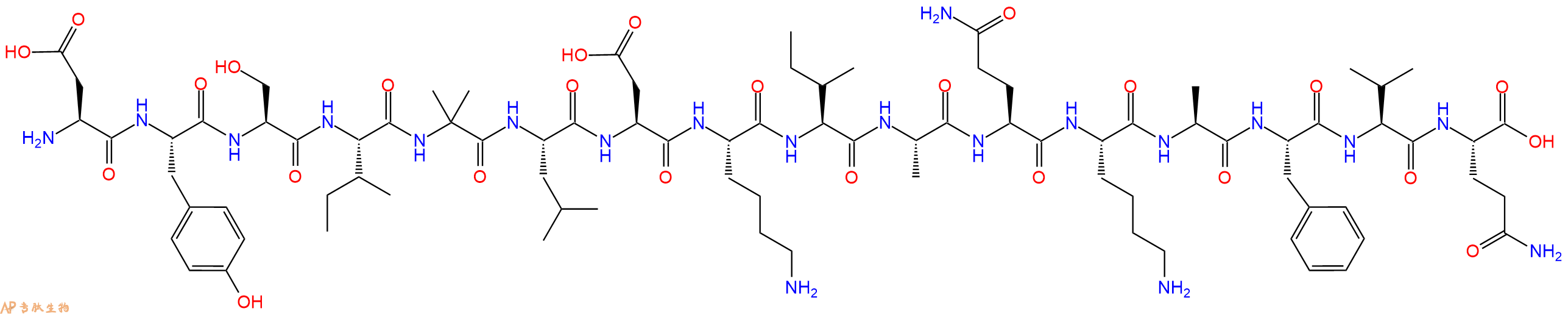 专肽生物产品H2N-Asp-Tyr-Ser-Ile-Aib-Leu-Asp-Lys-Ile-Ala-Gln-Lys-Ala-Phe-Val-Gln-OH