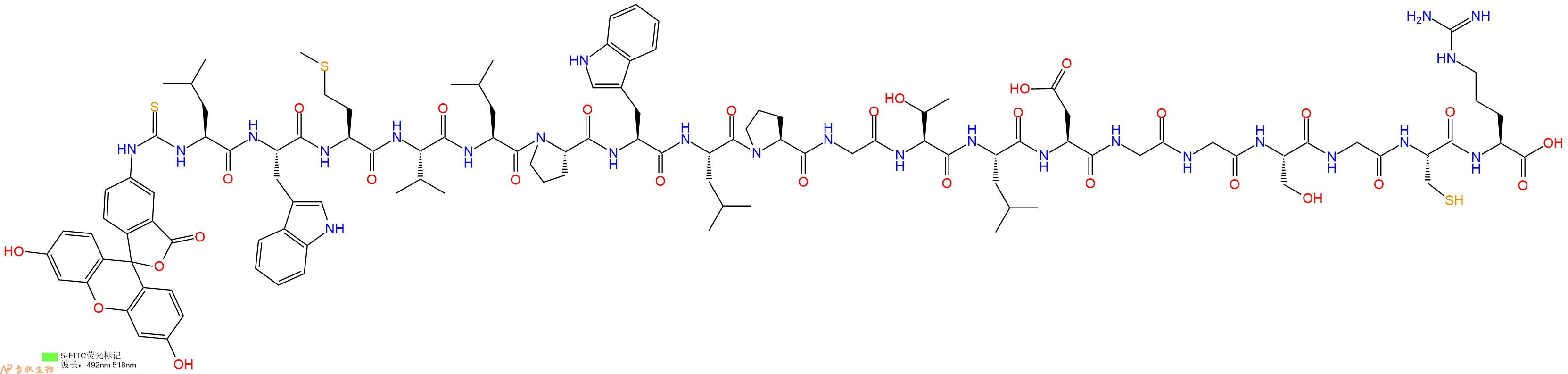 专肽生物产品5FITC-Leu-Trp-Met-Val-Leu-Pro-Trp-Leu-Pro-Gly-Thr-Leu-Asp-Gly-Gly-Ser-Gly-Cys-Arg-OH