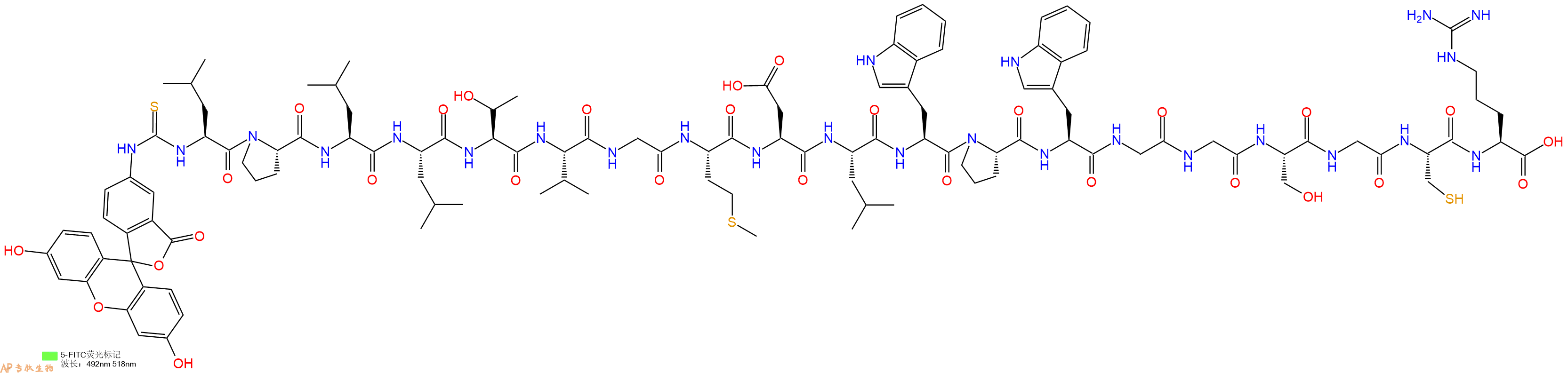 专肽生物产品5FITC-Leu-Pro-Leu-Leu-Thr-Val-Gly-Met-Asp-Leu-Trp-Pro-Trp-Gly-Gly-Ser-Gly-Cys-Arg-OH