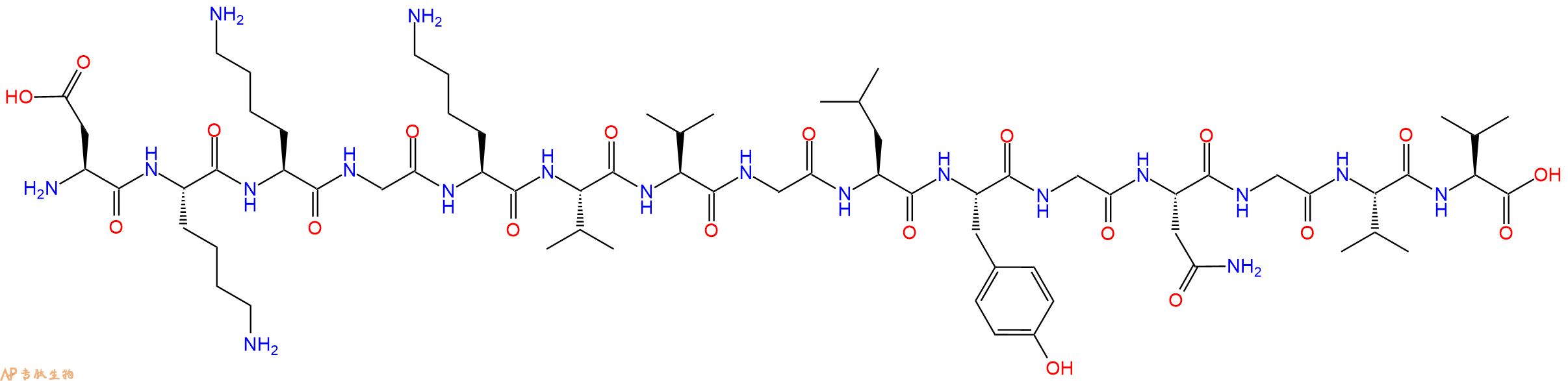专肽生物产品H2N-Asp-Lys-Lys-Gly-Lys-Val-Val-Gly-Leu-Tyr-Gly-Asn-Gly-Val-Val-OH