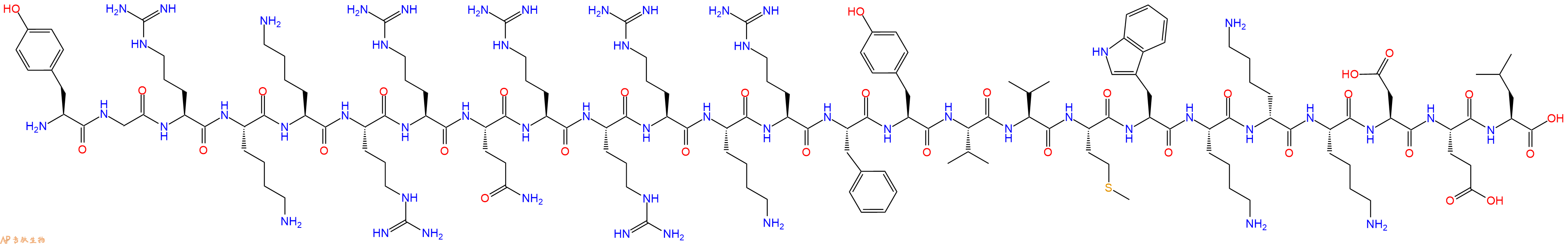 专肽生物产品H2N-Tyr-Gly-Arg-Lys-Lys-Arg-Arg-Gln-Arg-Arg-Arg-Lys-Arg-Phe-Tyr-Val-Val-Met-Trp-Lys-DLys-Lys-Asp-Glu-Leu-OH