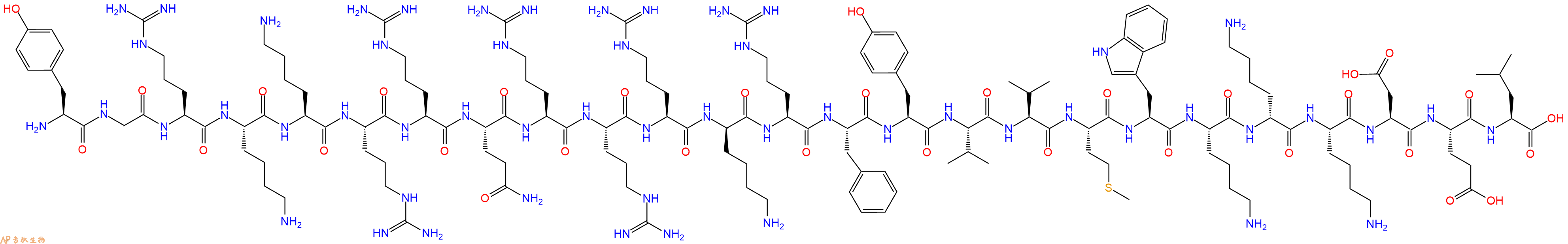专肽生物产品H2N-Tyr-Gly-Arg-Lys-Lys-Arg-Arg-Gln-Arg-Arg-Arg-DLys-Arg-Phe-Tyr-Val-Val-Met-Trp-Lys-DLys-Lys-Asp-Glu-Leu-OH
