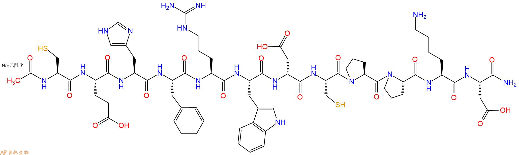 专肽生物产品Ac-Cys-Glu-His-Phe-Arg-Trp-DAsp-Cys-Pro-Pro-Lys-Asp-CONH2
