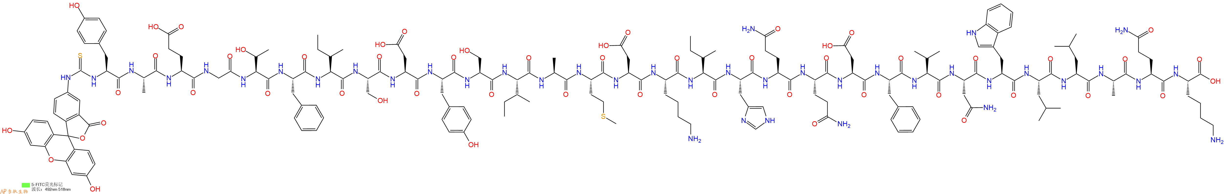 专肽生物产品5FITC-Tyr-Ala-Glu-Gly-Thr-Phe-Ile-Ser-Asp-Tyr-Ser-Ile-Ala-Met-Asp-Lys-Ile-His-Gln-Gln-Asp-Phe-Val-Asn-Trp-Leu-Leu-Ala-Gln-Lys-OH