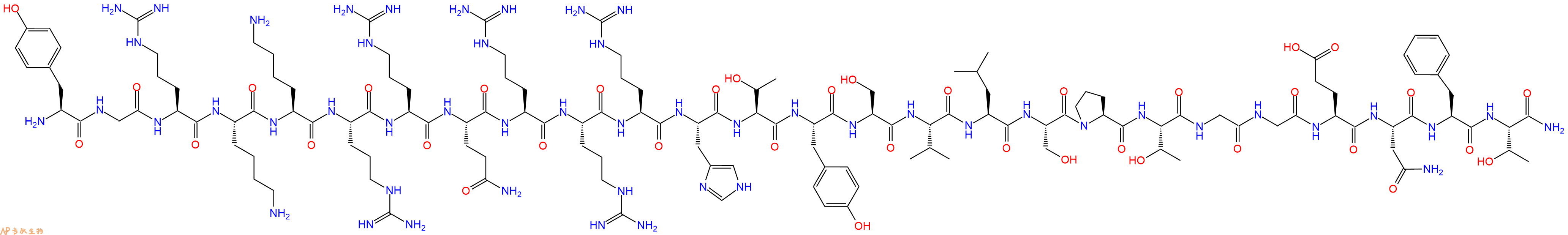 专肽生物产品H2N-Tyr-Gly-Arg-Lys-Lys-Arg-Arg-Gln-Arg-Arg-Arg-His-Thr-Tyr-Ser-Val-Leu-Ser-Pro-Thr-Gly-Gly-Glu-Asn-Phe-Thr-CONH2