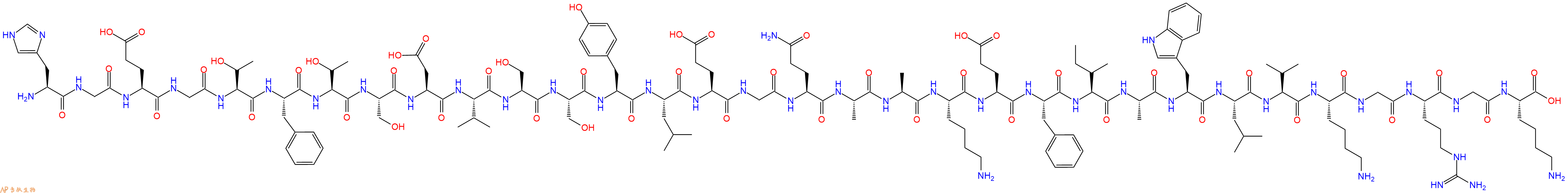 专肽生物产品H2N-His-Gly-Glu-Gly-Thr-Phe-Thr-Ser-Asp-Val-Ser-Ser-Tyr-Leu-Glu-Gly-Gln-Ala-Ala-Lys-Glu-Phe-Ile-Ala-Trp-Leu-Val-Lys-Gly-Arg-Gly-Lys-OH
