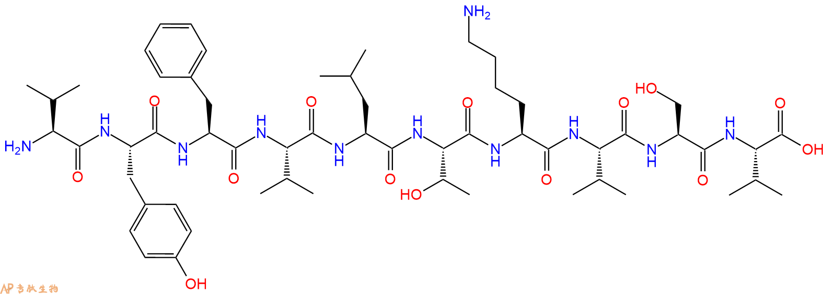 专肽生物产品H2N-Val-Tyr-Phe-Val-Leu-Thr-Lys-Val-Ser-Val-OH