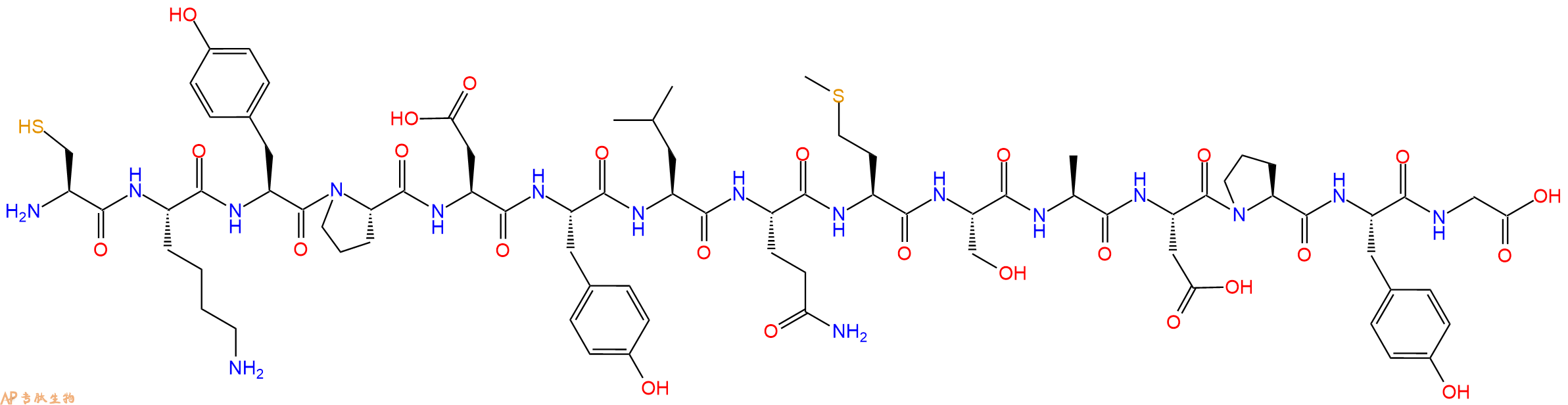 专肽生物产品H2N-Cys-Lys-Tyr-Pro-Asp-Tyr-Leu-Gln-Met-Ser-Ala-Asp-Pro-Tyr-Gly-OH