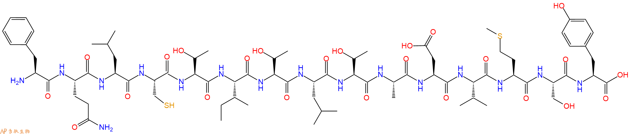 专肽生物产品H2N-Phe-Gln-Leu-Cys-Thr-Ile-Thr-Leu-Thr-Ala-Asp-Val-Met-Ser-Tyr-OH