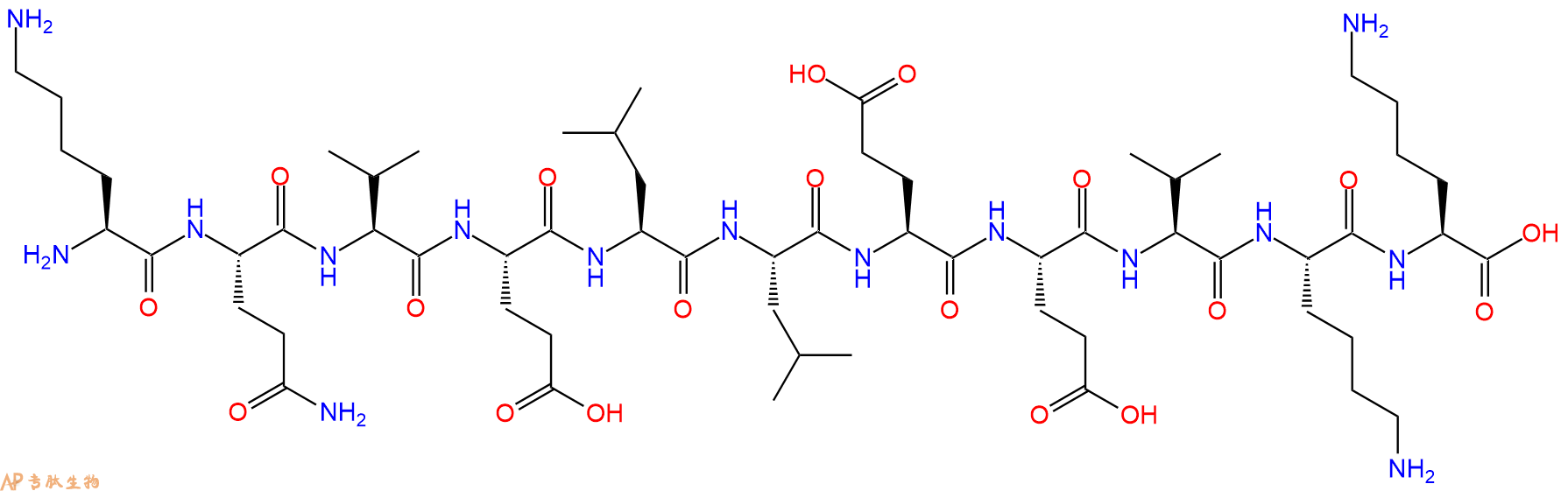 专肽生物产品H2N-Lys-Gln-Val-Glu-Leu-Leu-Glu-Glu-Val-Lys-Lys-OH