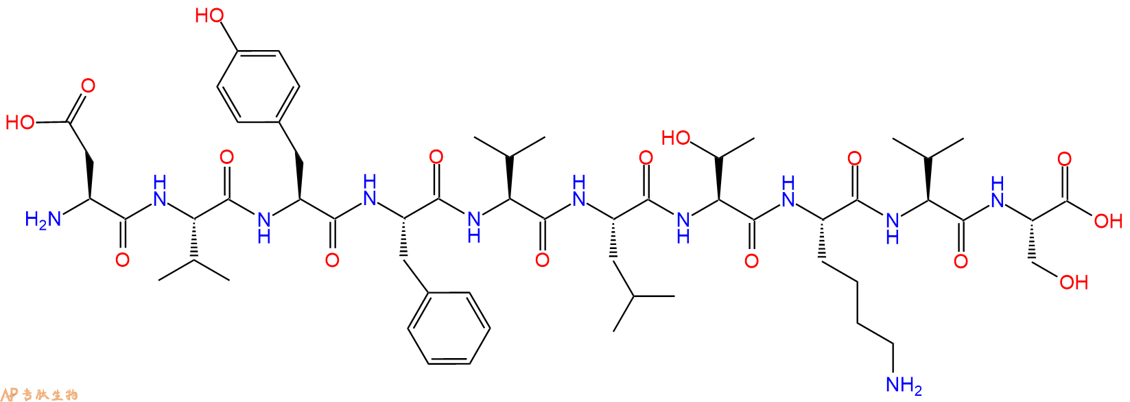 专肽生物产品H2N-Asp-Val-Tyr-Phe-Val-Leu-Thr-Lys-Val-Ser-OH