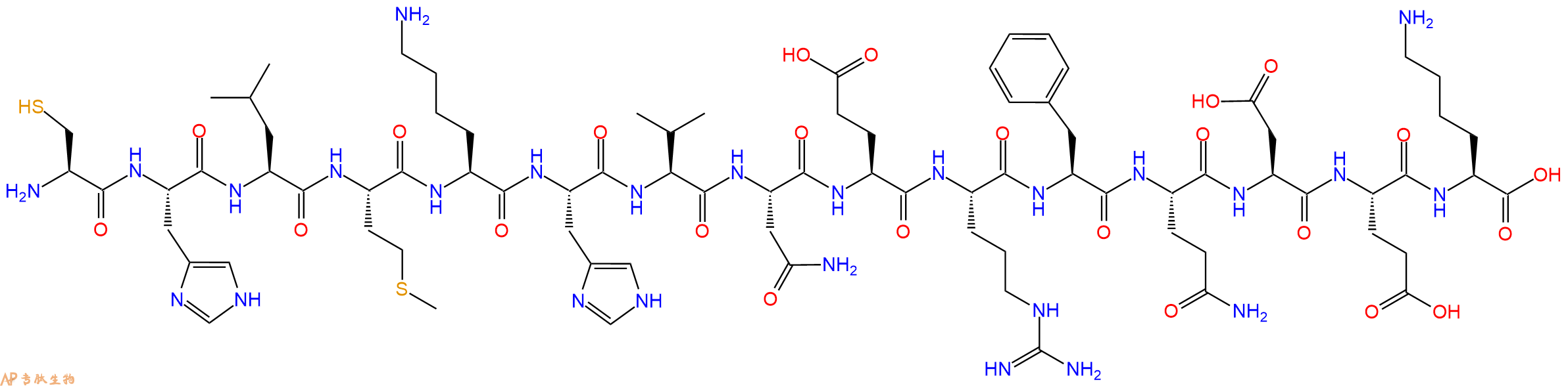 专肽生物产品H2N-Cys-His-Leu-Met-Lys-His-Val-Asn-Glu-Arg-Phe-Gln-Asp-Glu-Lys-OH