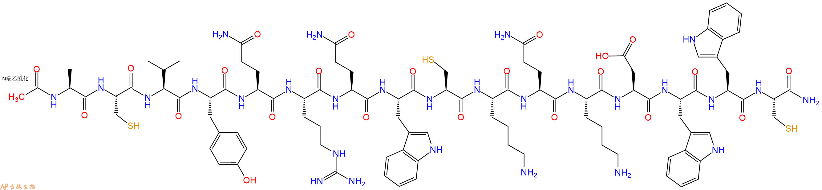专肽生物产品Ac-Ala-Cys-Val-Tyr-Gln-Arg-Gln-Trp-Cys-Lys-Gln-Lys-Asp-Trp-Trp-Cys-CONH2