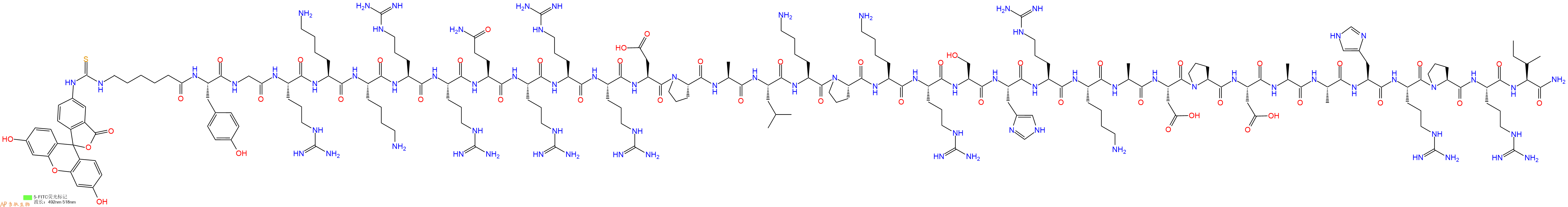 专肽生物产品5FITC-Ahx-Tyr-Gly-Arg-Lys-Lys-Arg-Arg-Gln-Arg-Arg-Arg-Asp-Pro-Ala-Leu-Lys-Pro-Lys-Arg-Ser-His-Arg-Lys-Ala-Asp-Pro-Asp-Ala-Ala-His-Arg-Pro-Arg-Ile-CONH2