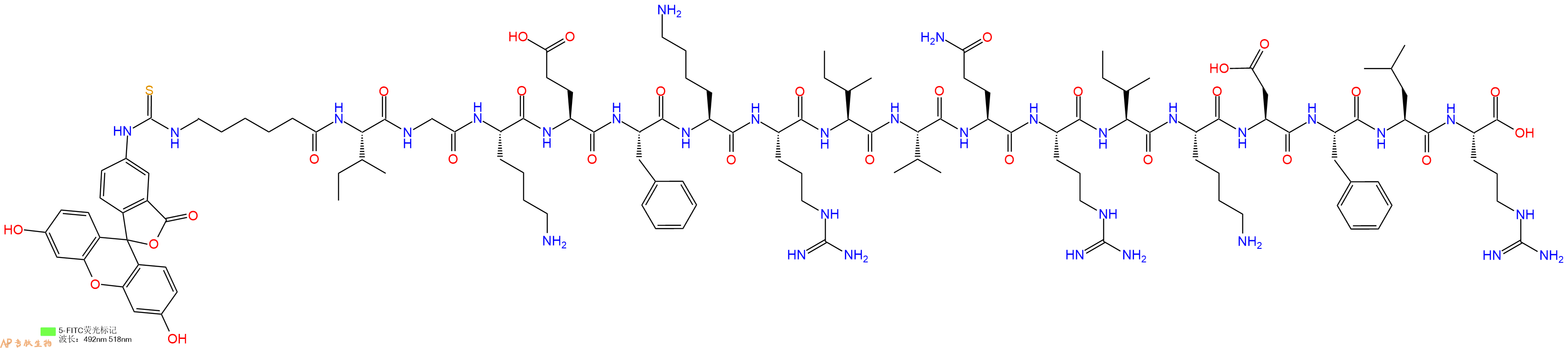 专肽生物产品5FITC-Ahx-Ile-Gly-Lys-Glu-Phe-Lys-Arg-Ile-Val-Gln-Arg-Ile-Lys-Asp-Phe-Leu-Arg-OH