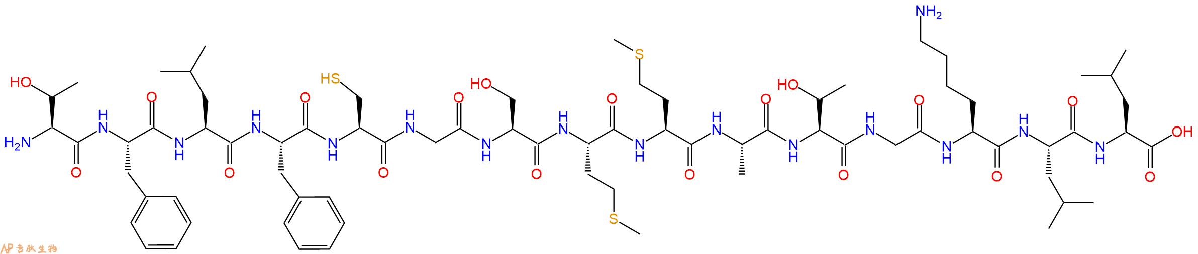 专肽生物产品H2N-Thr-Phe-Leu-Phe-Cys-Gly-Ser-Met-Met-Ala-Thr-Gly-Lys-Leu-Leu-OH