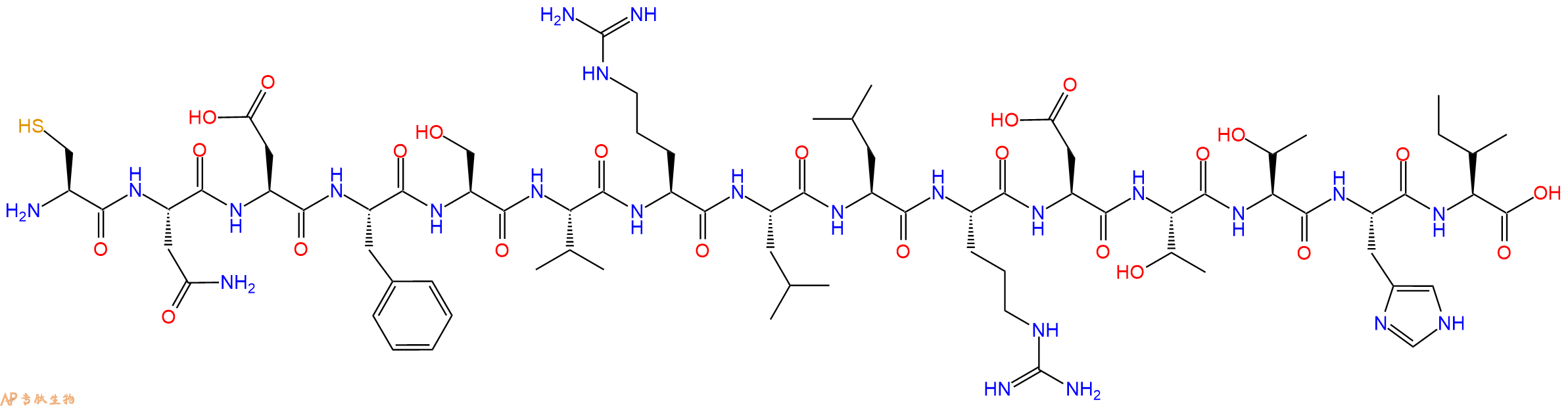 专肽生物产品H2N-Cys-Asn-Asp-Phe-Ser-Val-Arg-Leu-Leu-Arg-Asp-Thr-Thr-His-Ile-OH