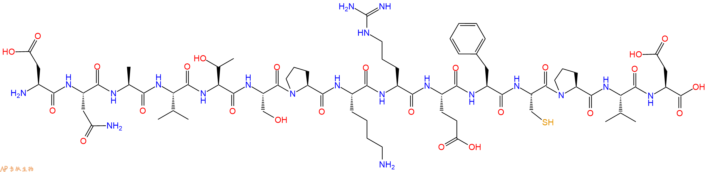 专肽生物产品H2N-Asp-Asn-Ala-Val-Thr-Ser-Pro-Lys-Arg-Glu-Phe-Cys-Pro-Val-Asp-OH