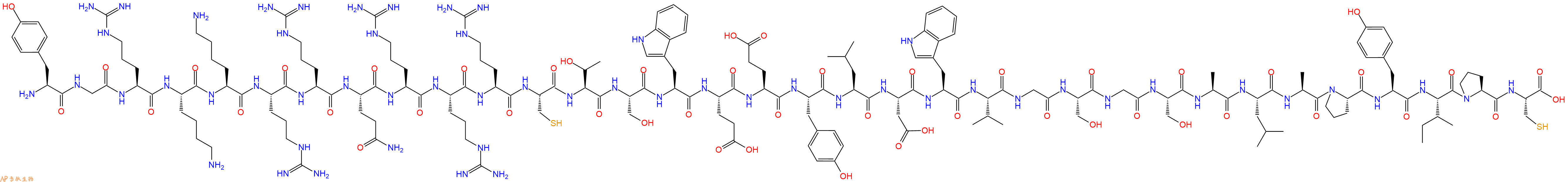 专肽生物产品H2N-Tyr-Gly-Arg-Lys-Lys-Arg-Arg-Gln-Arg-Arg-Arg-Cys-Thr-Ser-Trp-Glu-Glu-Tyr-Leu-Asp-Trp-Val-Gly-Ser-Gly-Ser-Ala-Leu-Ala-Pro-Tyr-Ile-Pro-Cys-OH