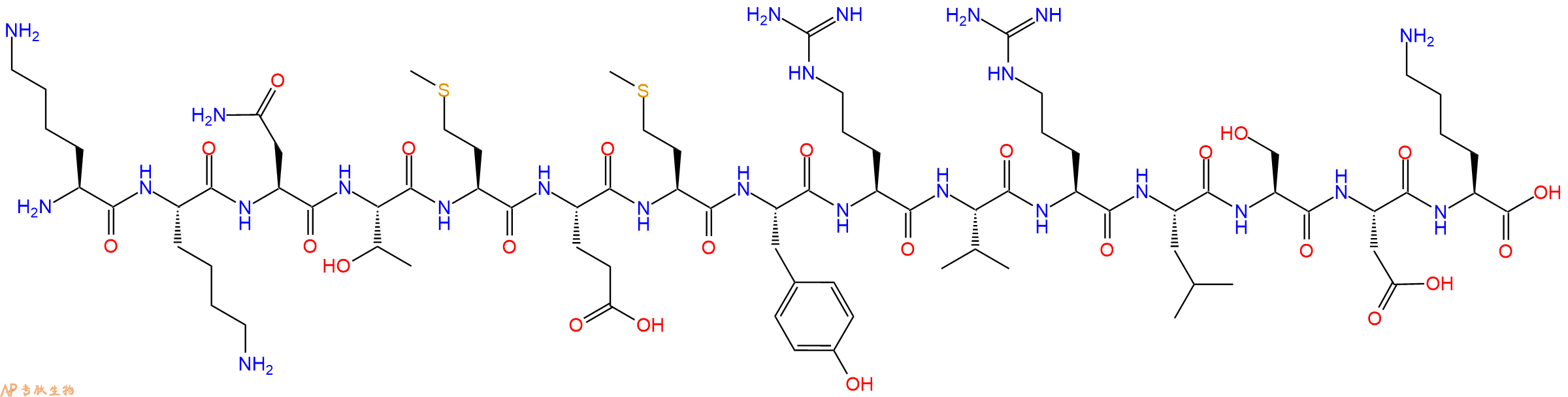 专肽生物产品H2N-Lys-Lys-Asn-Thr-Met-Glu-Met-Tyr-Arg-Val-Arg-Leu-Ser-Asp-Lys-OH