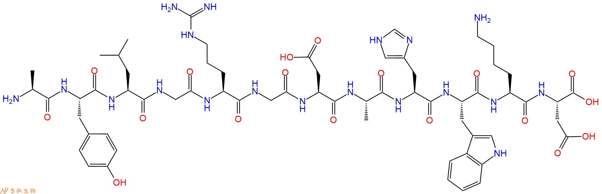 专肽生物产品H2N-Ala-Tyr-Leu-Gly-Arg-Gly-Asp-Ala-His-Trp-Lys-Asp-OH