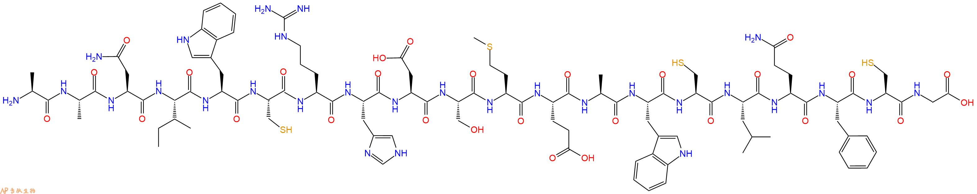 专肽生物产品H2N-Ala-Ala-Asn-Ile-Trp-Cys-Arg-His-Asp-Ser-Met-Glu-Ala-Trp-Cys-Leu-Gln-Phe-Cys-Gly-OH