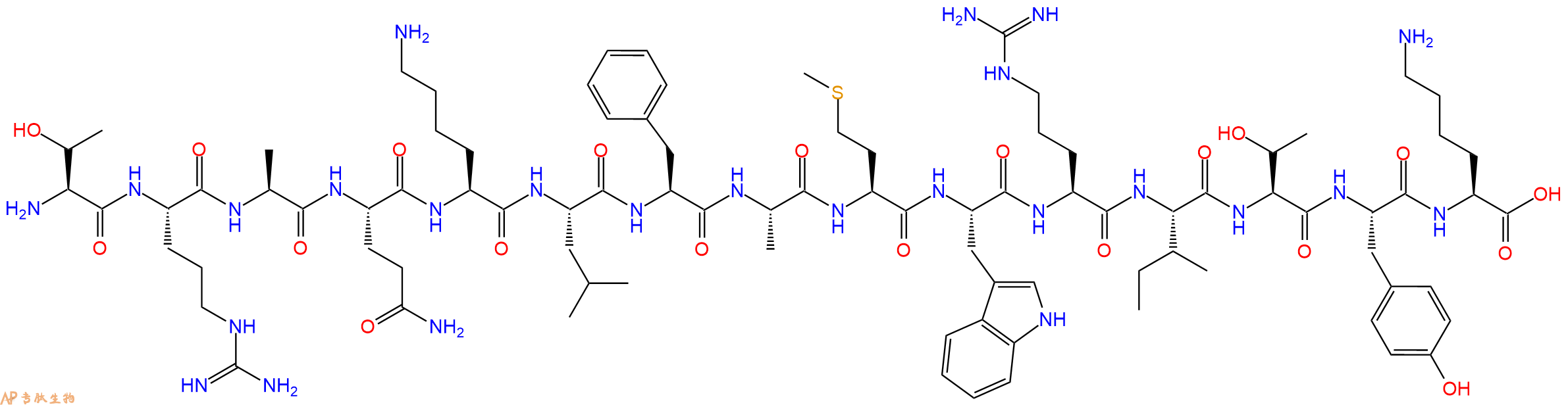 专肽生物产品H2N-Thr-Arg-Ala-Gln-Lys-Leu-Phe-Ala-Met-Trp-Arg-Ile-Thr-Tyr-Lys-OH